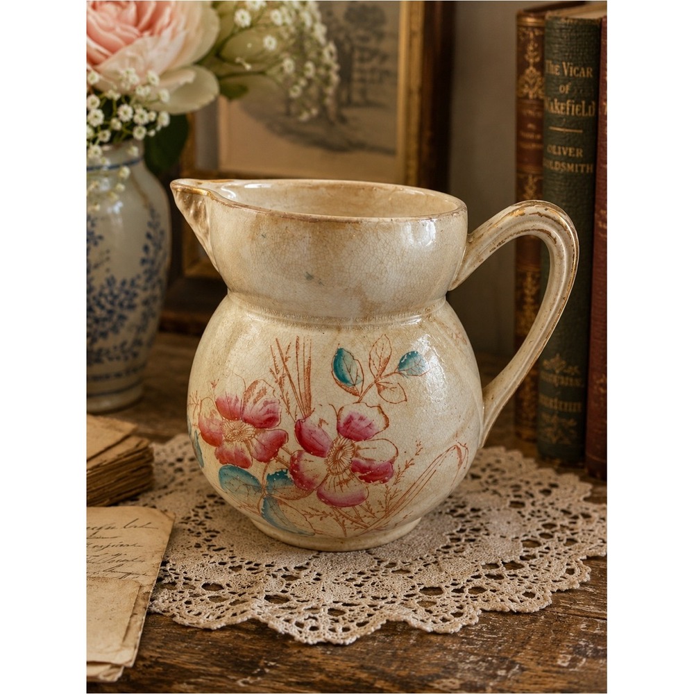 Antique Steubenville SP Co Ironstone Pitcher Pink Rose Transferware 6.5"